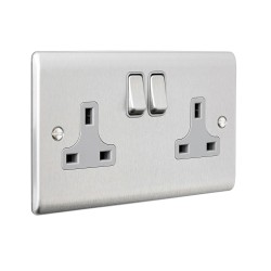 Saxby Raised Screwed 13A 2 Gang Double Pole Switched Socket - Brushed Steel with Grey Inserts