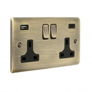 Saxby Raised Screwed 13A 2G DP Switched Socket with 15.5 USB A&C - Antique Brass with Black Inserts
