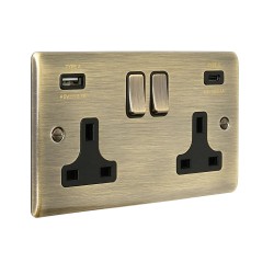 Saxby Raised Screwed 13A 2G DP Switched Socket with 15.5 USB A&C - Antique Brass with Black Inserts