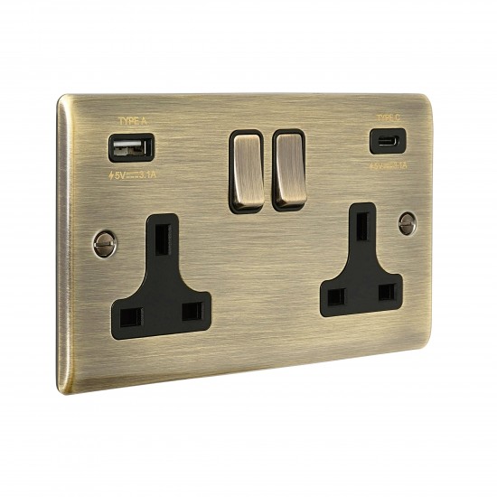 Saxby Raised Screwed 13A 2G DP Switched Socket with 15.5 USB A&C - Antique Brass with Black Inserts