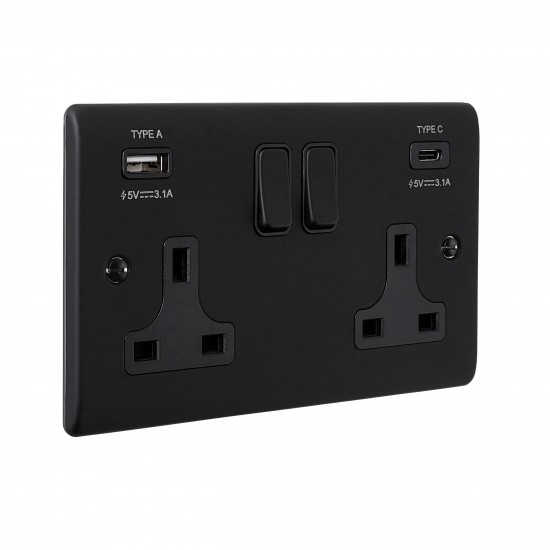 Saxby Raised Screwed 13A 2G DP Switched Socket with 15.5 USB A&C - Matt Black with Black Inserts