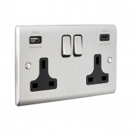 Saxby Raised Screwed 13A 2G DP Switched Socket with 15.5 USB A&C - Brushed Steel with Black Inserts