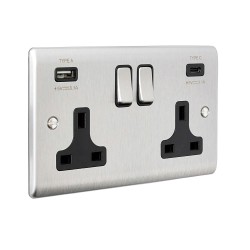 Saxby Raised Screwed 13A 2G DP Switched Socket with 15.5 USB A&C - Brushed Steel with Black Inserts