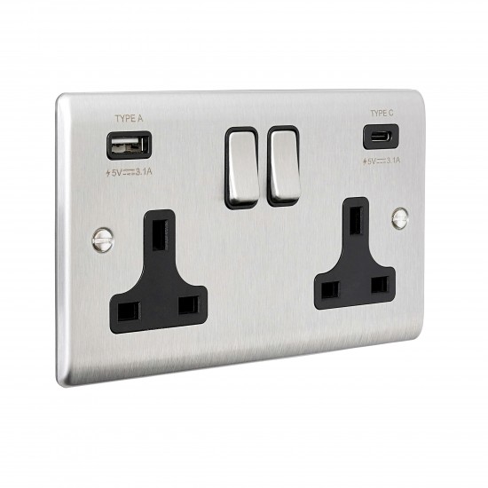 Saxby Raised Screwed 13A 2G DP Switched Socket with 15.5 USB A&C - Brushed Steel with Black Inserts