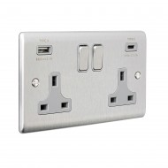 Saxby Raised Screwed 13A 2G DP Switched Socket with 15.5 USB A&C - Brushed Steel with Grey Inserts