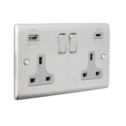 Saxby Raised Screwed 13A 2G DP Switched Socket with 15.5 USB A&C - Brushed Steel with Grey Inserts