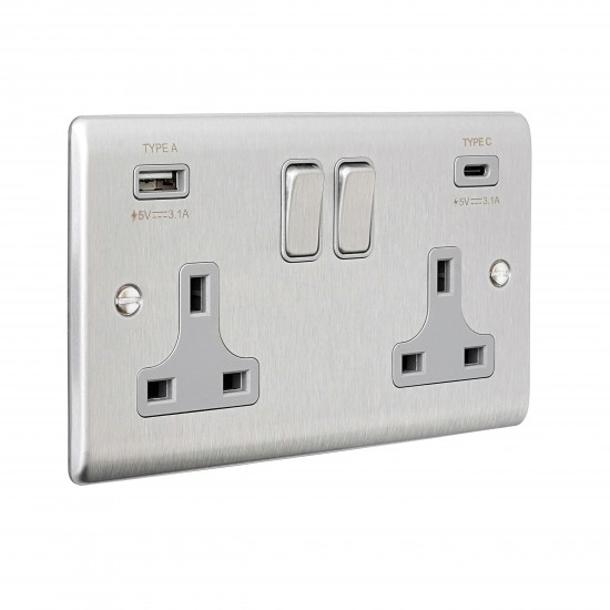 Saxby Raised Screwed 13A 2G DP Switched Socket with 15.5 USB A&C - Brushed Steel with Grey Inserts