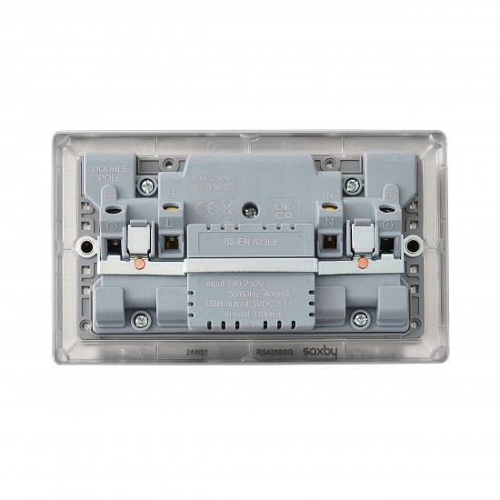 Saxby Raised Screwed 13A 2G DP Switched Socket with 15.5 USB A&C - Brushed Steel with Grey Inserts