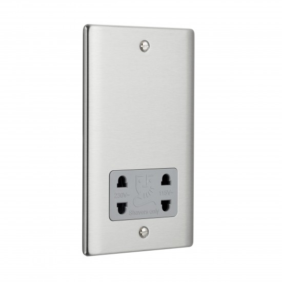 Saxby Raised Screwed Dual Voltage Shaver Socket - Brushed Steel with Grey Insert