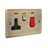 Saxby Raised Screwed 45A DP Cooker Switch with 13A Socket & Neon's - Antique Brass with Black Insert