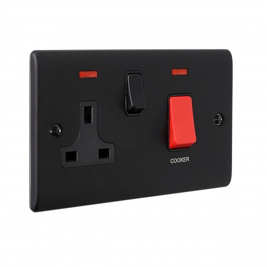 Saxby Raised Screwed 45A DP Cooker Switch with 13A Socket & Neon's - Matt Black