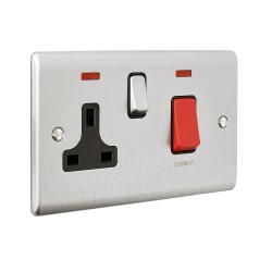 Saxby Raised Screwed 45A DP Cooker Switch with 13A Socket & Neon's - Brushed Steel with Black Insert