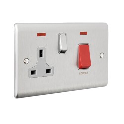 Saxby Raised Screwed 45A DP Cooker Switch with 13A Socket & Neon's - Brushed Steel with Grey Inserts