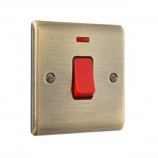 Saxby Raised Screwed 45A 1 Gang Double Pole Switch with Neon - Antique Brass with Black Insert