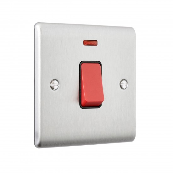 Saxby Raised Screwed 45A 1 Gang Double Pole Switch with Neon - Brushed Steel with Black Insert