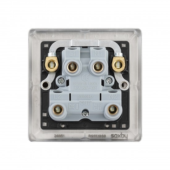 Saxby Raised Screwed 45A 1 Gang Double Pole Switch with Neon - Brushed Steel with Black Insert
