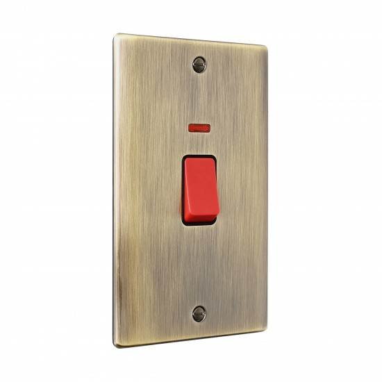 Saxby Raised Screwed 45A Large Plate Double Pole Switch with Neon - Antique Brass with Black Insert