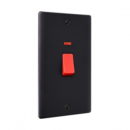 Saxby Raised Screwed 45A Large Plate Double Pole Switch with Neon - Matt Black with Black Insert