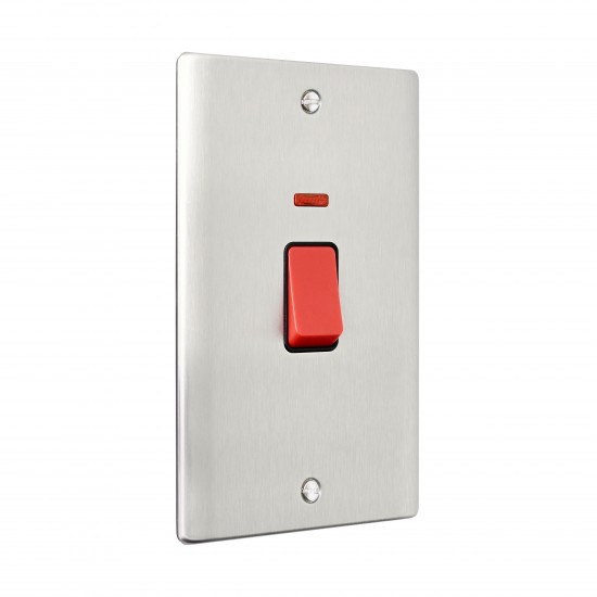 Saxby Raised Screwed 45A Large Plate Double Pole Switch with Neon - Brushed Steel with Black Insert