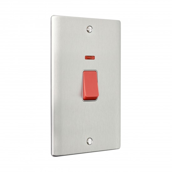 Saxby Raised Screwed 45A Large Plate Double Pole Switch with Neon - Brushed Steel with Grey Insert