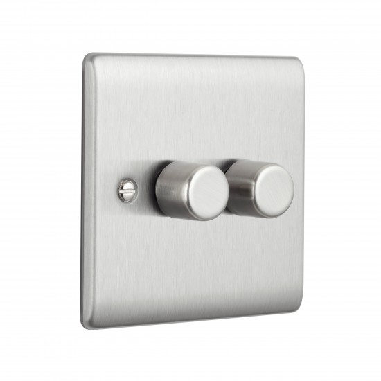 Saxby Raised Screwed 2 Gang LED Dimmer 5-100W - Brushed Steel