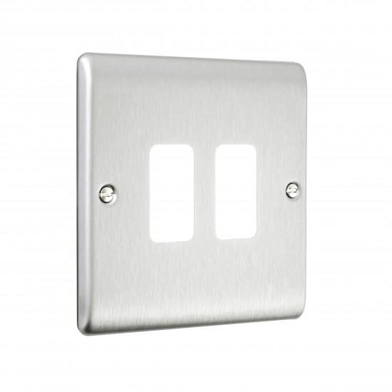 Saxby Raised Screwed 2 Gang Grid Front Plate - Brushed Steel