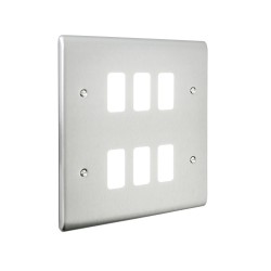 Saxby Raised Screwed 6 Gang Grid Front Plate - Brushed Steel