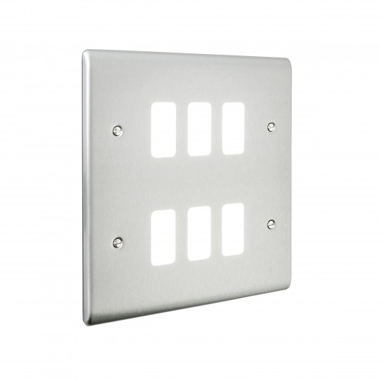 Saxby Raised Screwed 6 Gang Grid Front Plate - Brushed Steel