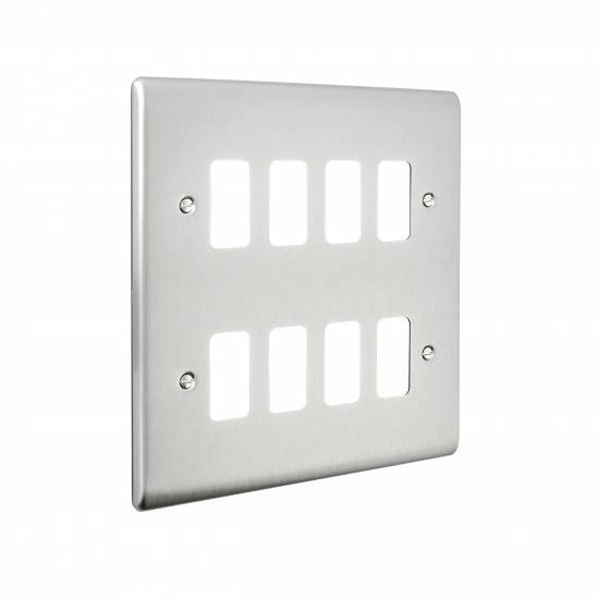 Saxby Raised Screwed 8 Gang Grid Front Plate - Brushed Steel