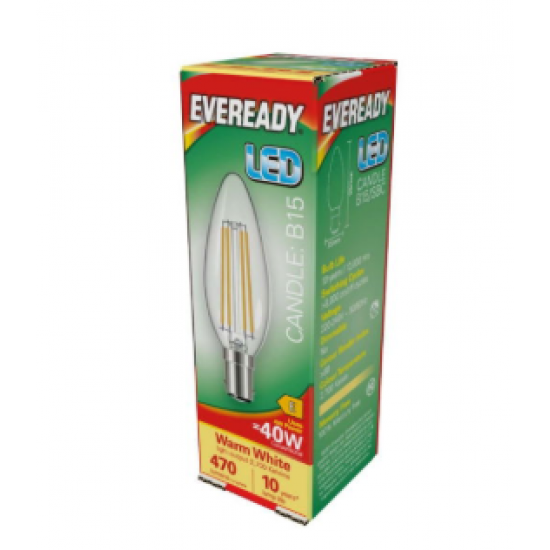 EVEREADY 4W LED FILAMENT CANDLE B15 WARM WHITE 2700K 470 LUMENS