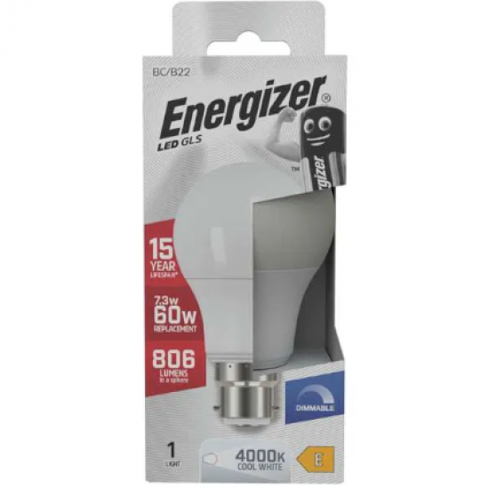 ENERGIZER DIMMABLE GLS B22 (BC) 806lm 7.3W 4,000K (COOL WHITE)