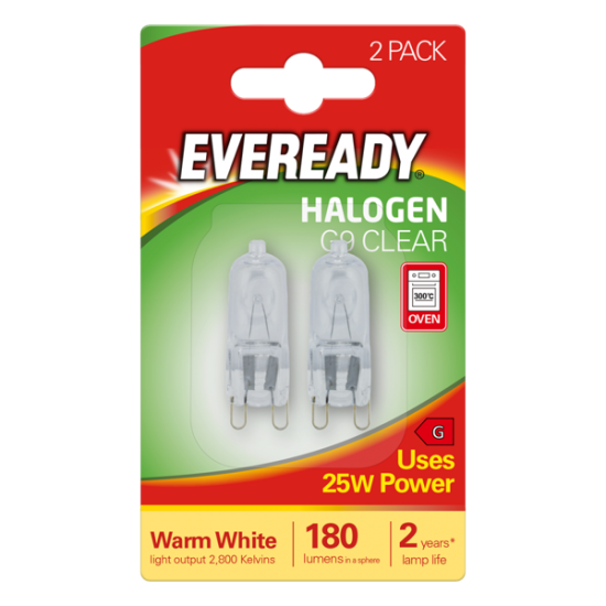 EVEREADY 2 PACK 25W G9 CLEAR HALOGEN (OVEN)