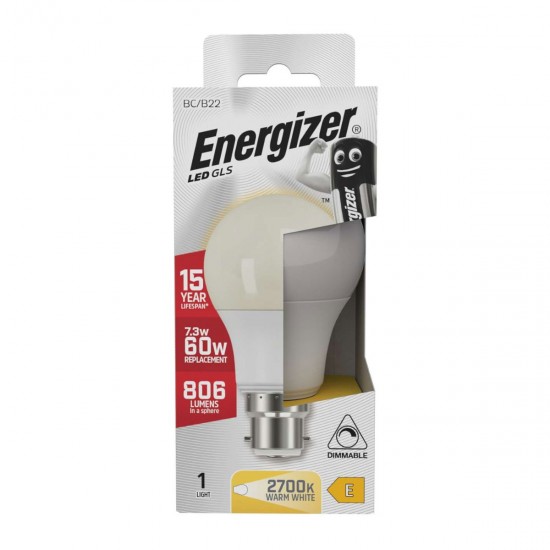 ENERGIZER DIMMABLE LED GLS B22 (BC) 806LM 7.3W 2700K
